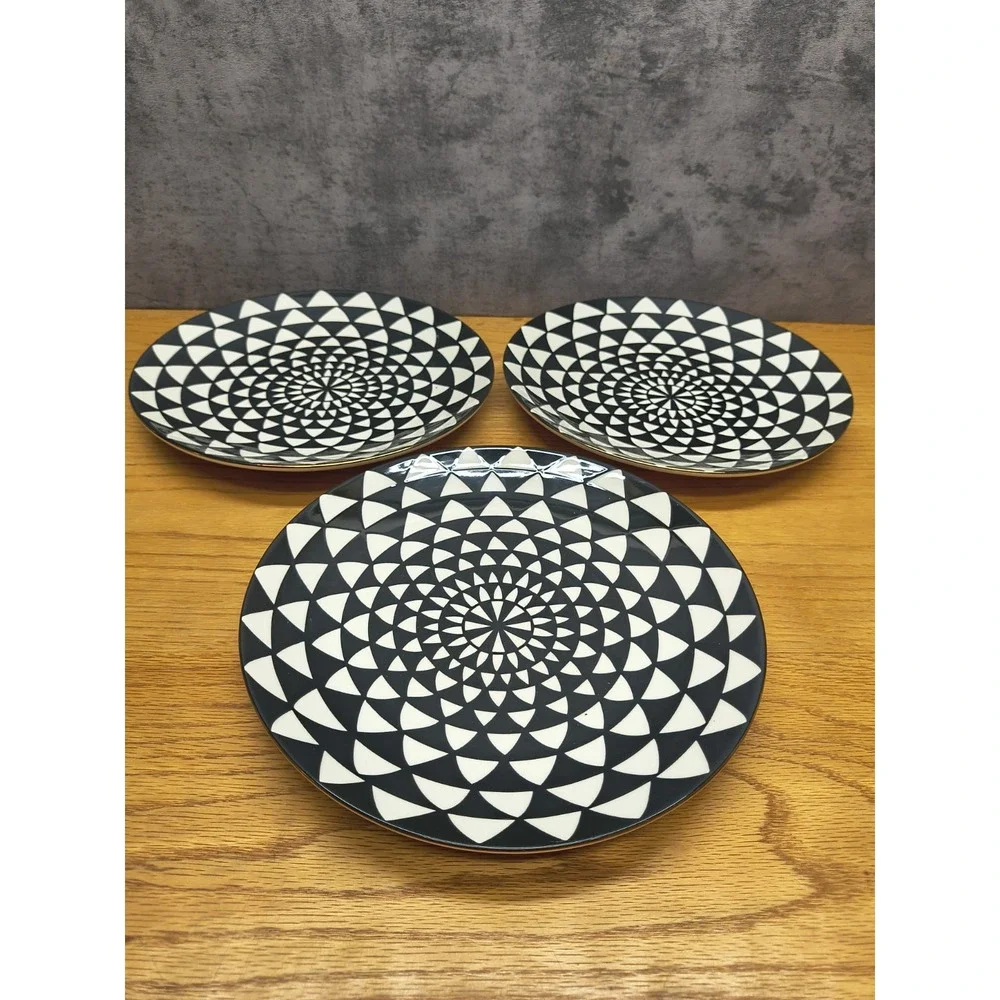 3 Thyme & Table Salad Plates Black Medallion Spanish Tile Stoneware Gold Rim‎